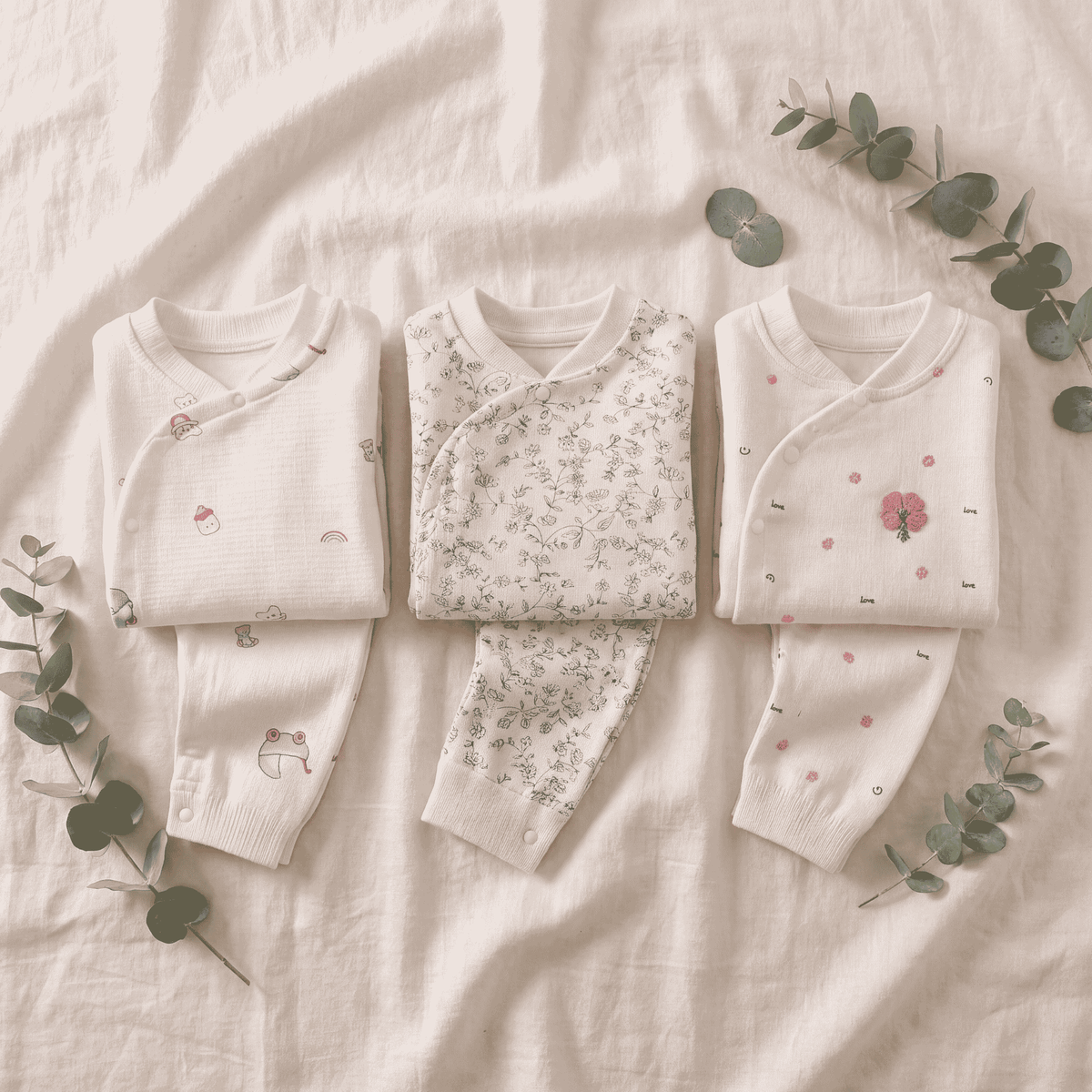 AI-generated product visualization — trzy komplety niemowlęce kimono złożone na lnianej narzucie z gałązkami eukaliptusa