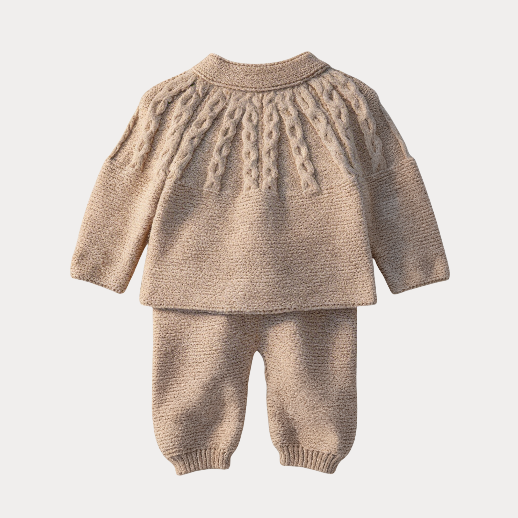 AI-generates product visualization - Cable Knit Cardigan Set — Warm Oat