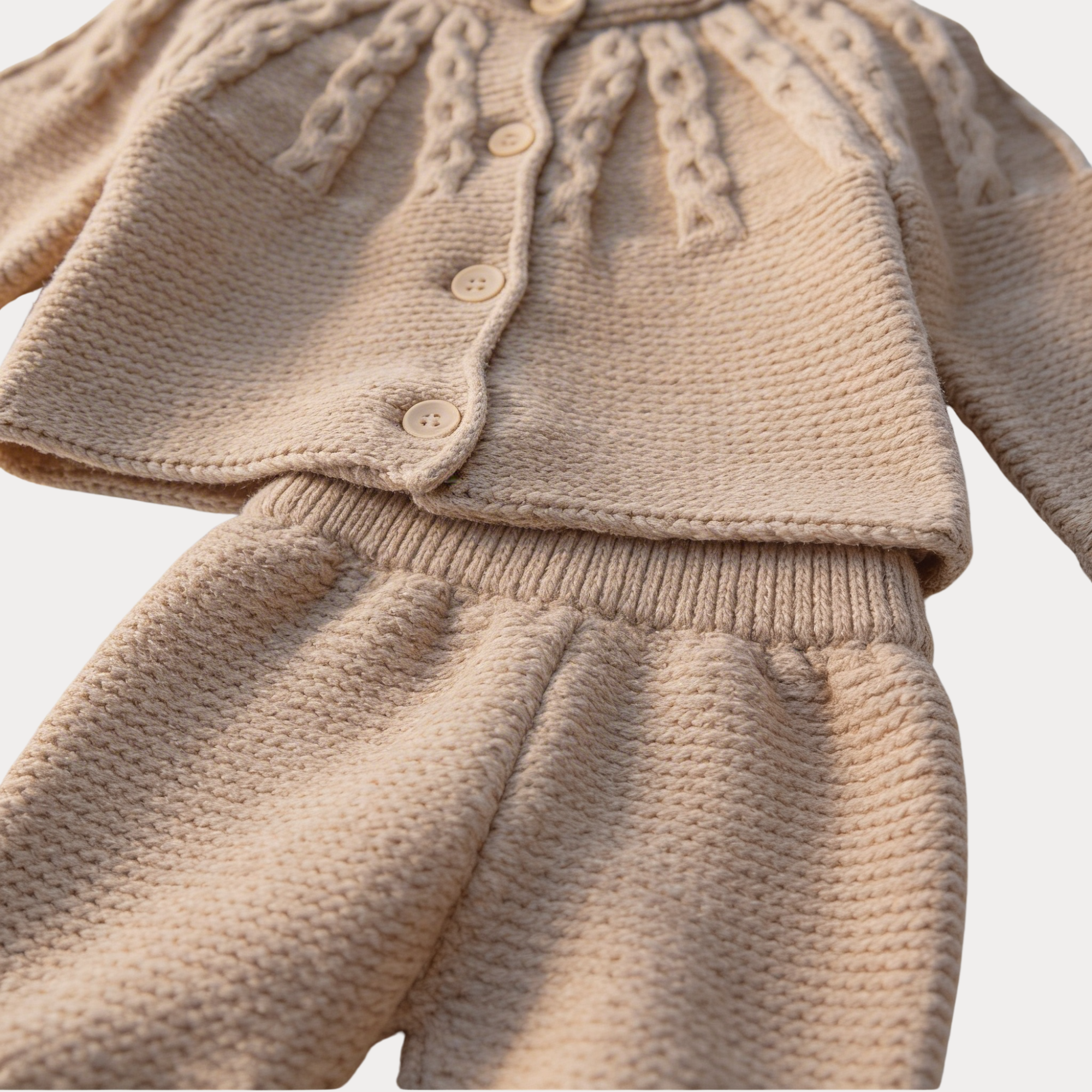 AI-generates product visualization - Cable Knit Cardigan Set — Warm Oat