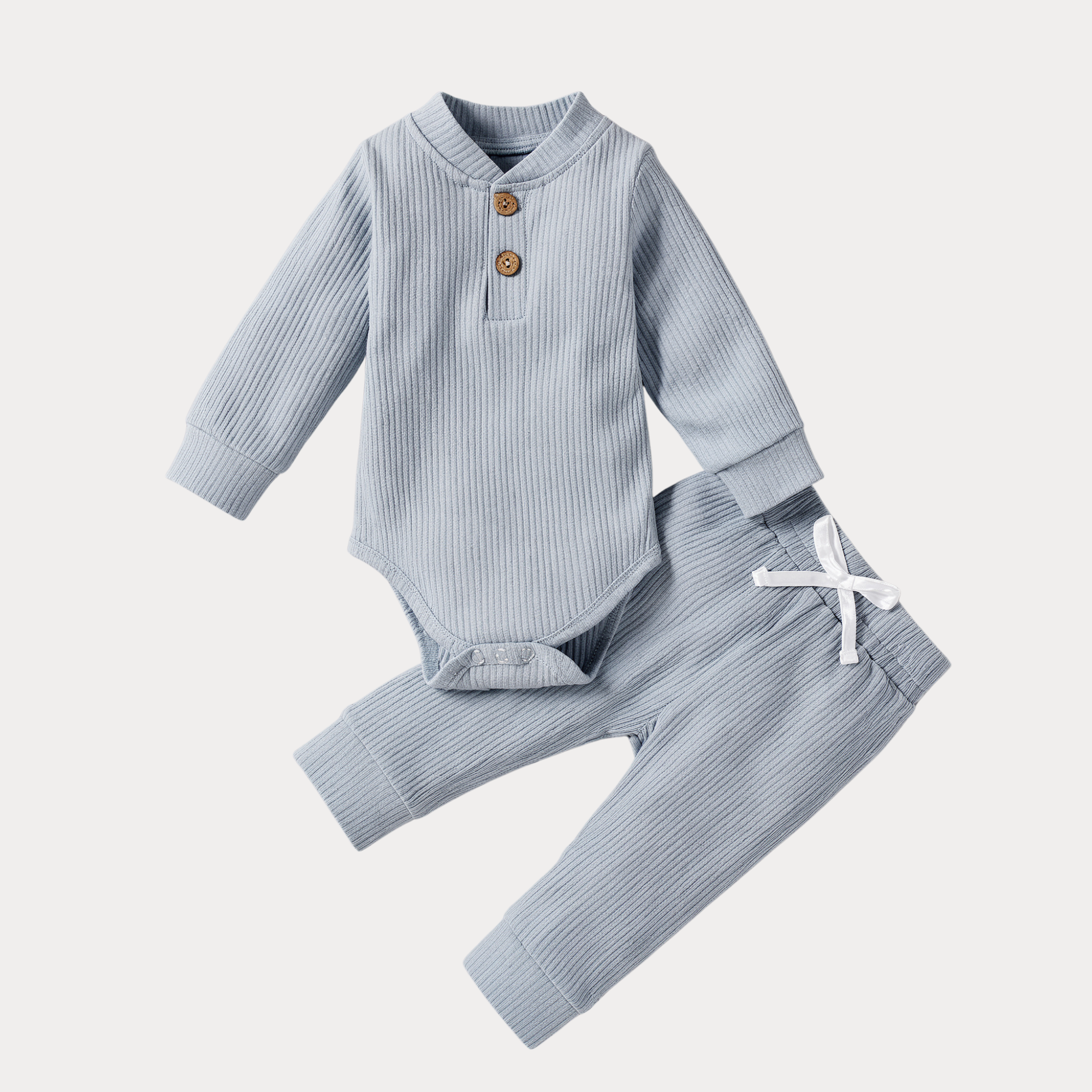 AI-generates product visualization - Ribbed Romper Set — Dusty Blue